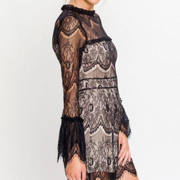 Fancy Black Lace Romper w/ Bell Sleeves - Picture 2 of 5